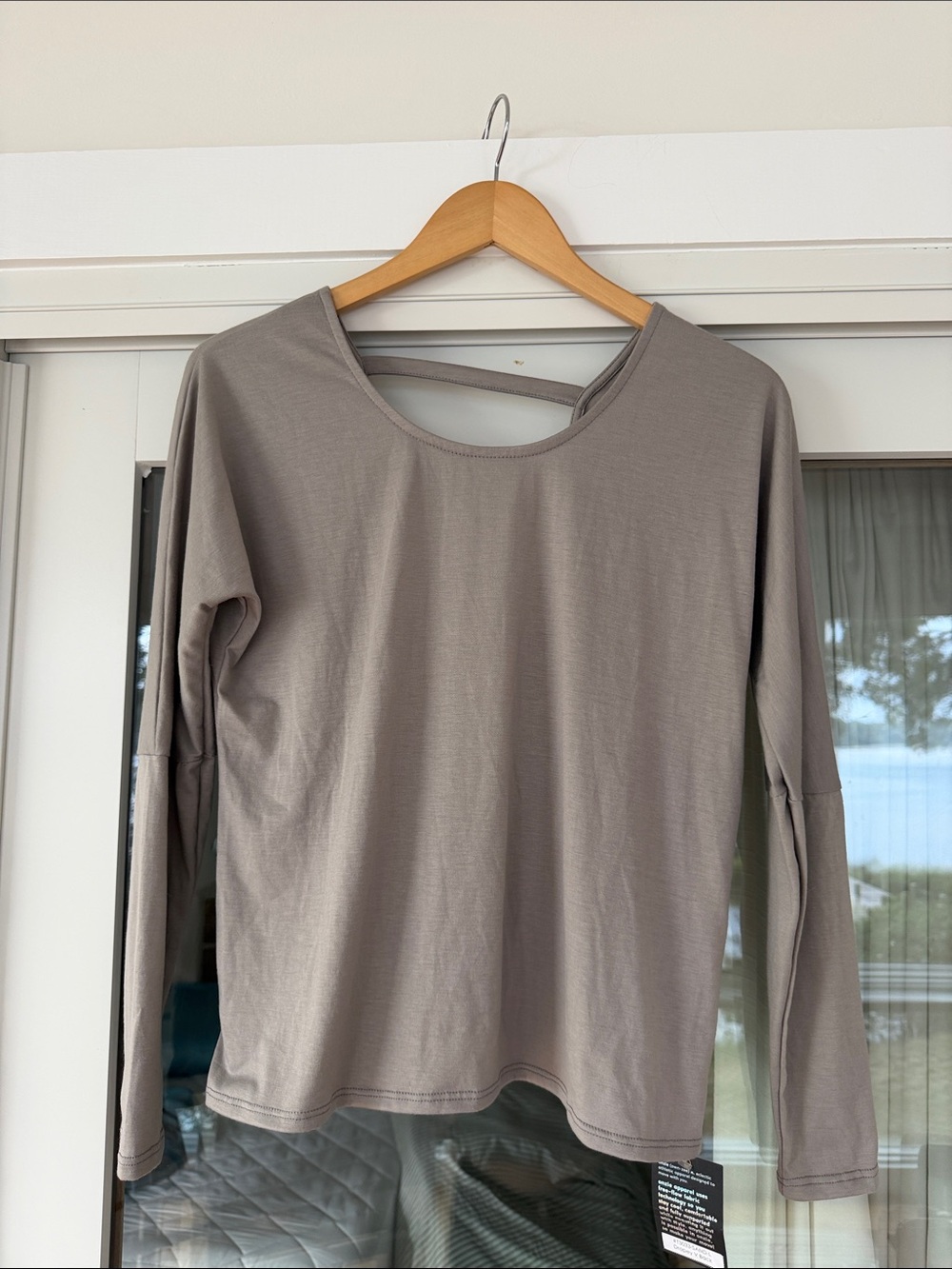 Onzie Long Sleeve Top in Taupe Gray with Back Strap Detail